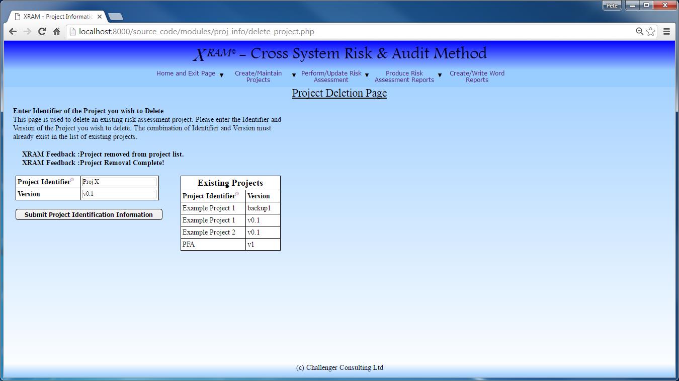 Project Deletion Screen